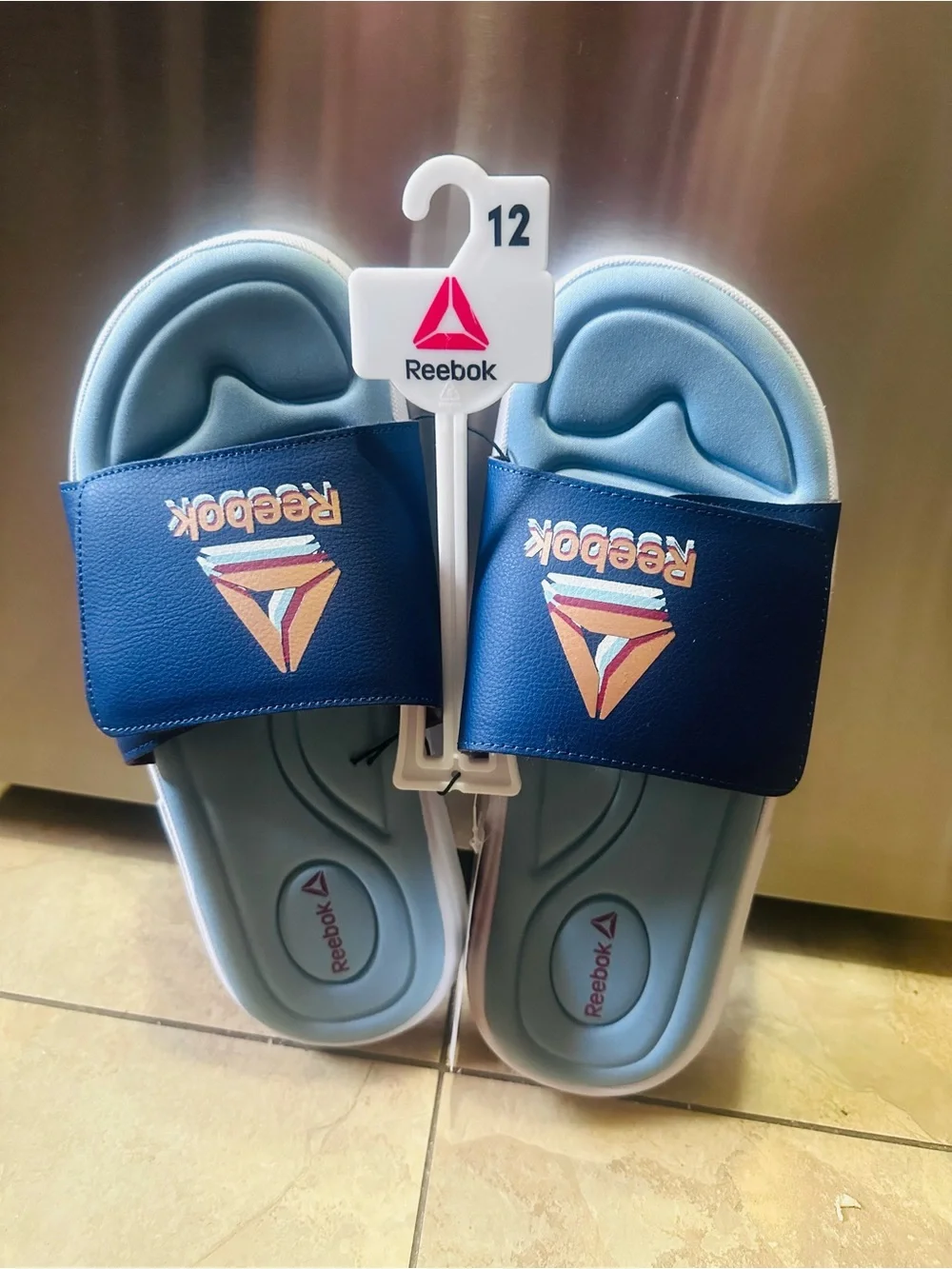 Reebok✨🩵💙💛Light Blue and Navy Slide Sandals with Multicolor Logo